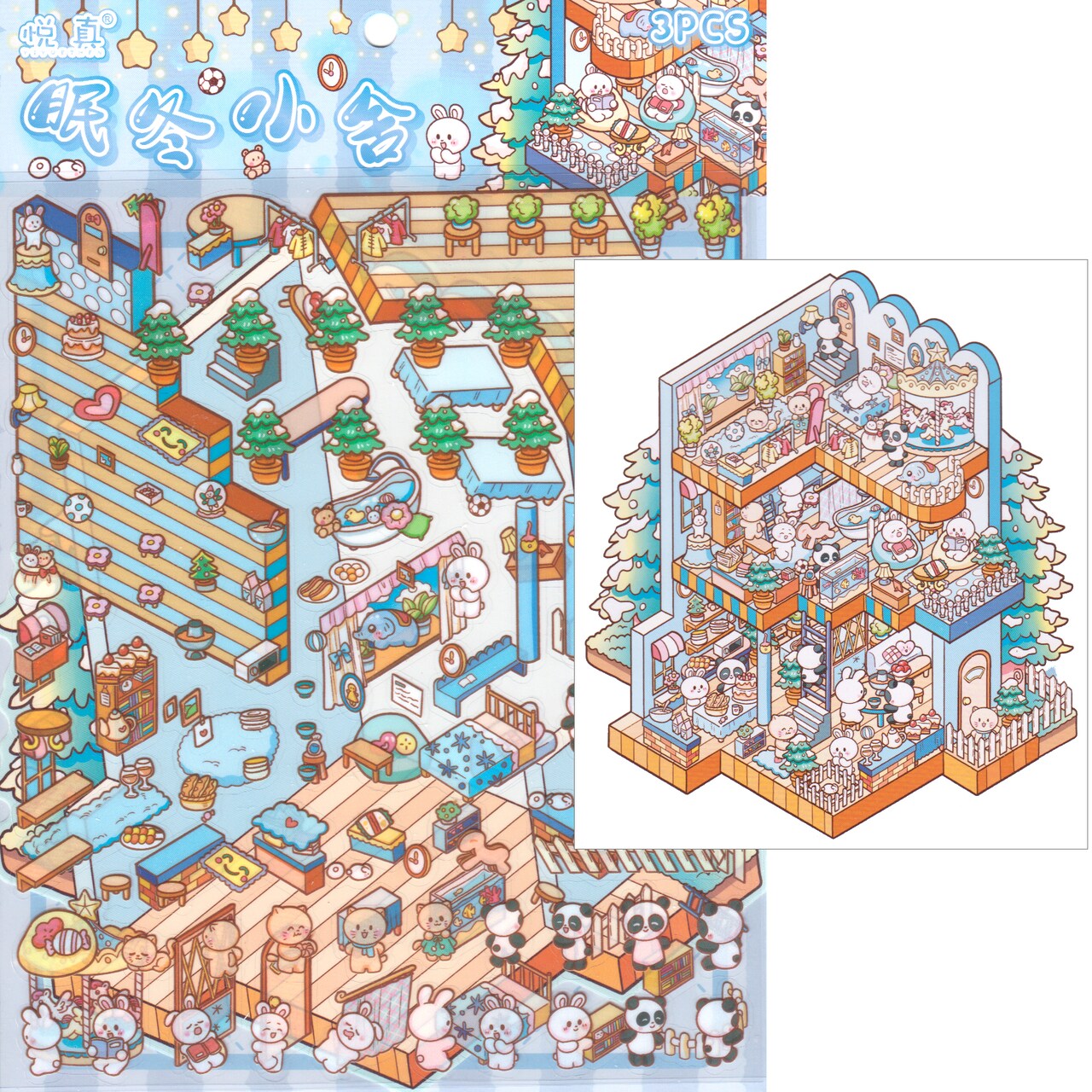 Winter House Isometric Sticker Scene, Large Size, Rabbits Cats & Pandas, Adorabilities
